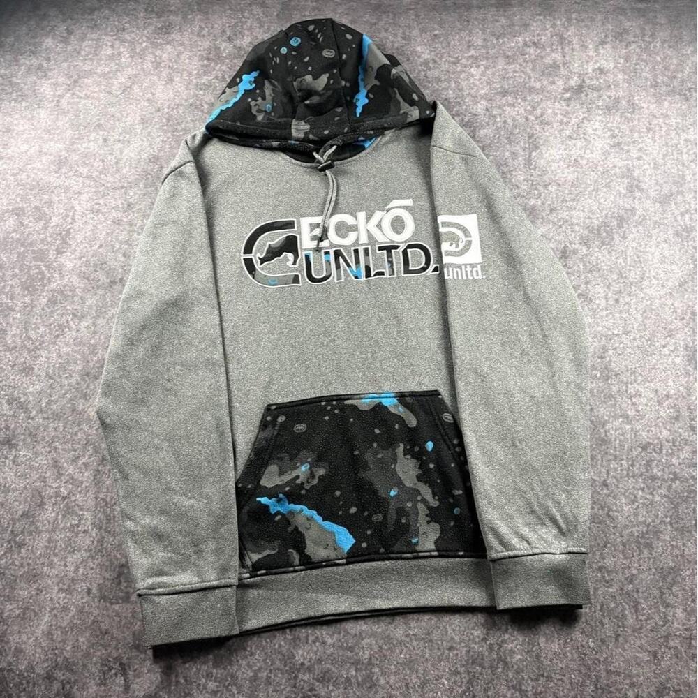 Ecko Unltd Men’s XL Gray Blue Camo Spellout Hoodie Y2K Hip Hop Streetwear
